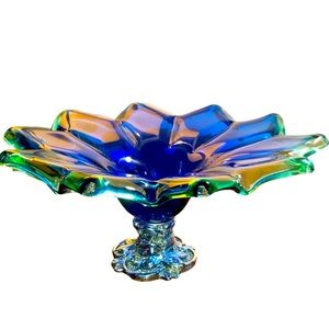 Beautiful Large Italian Glass Compote Floral Design Bowl With Silver Ped…